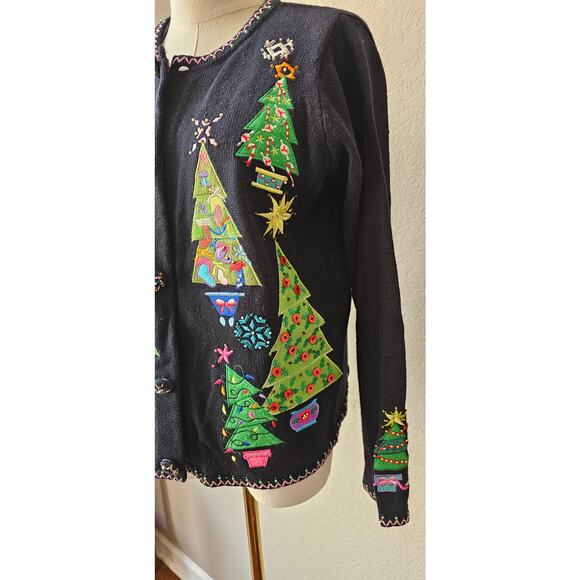 Vintage Christmas‎ Trees Cardigan Sweater 3D Jeweled Embroidered Applique Small - Picture 7 of 12